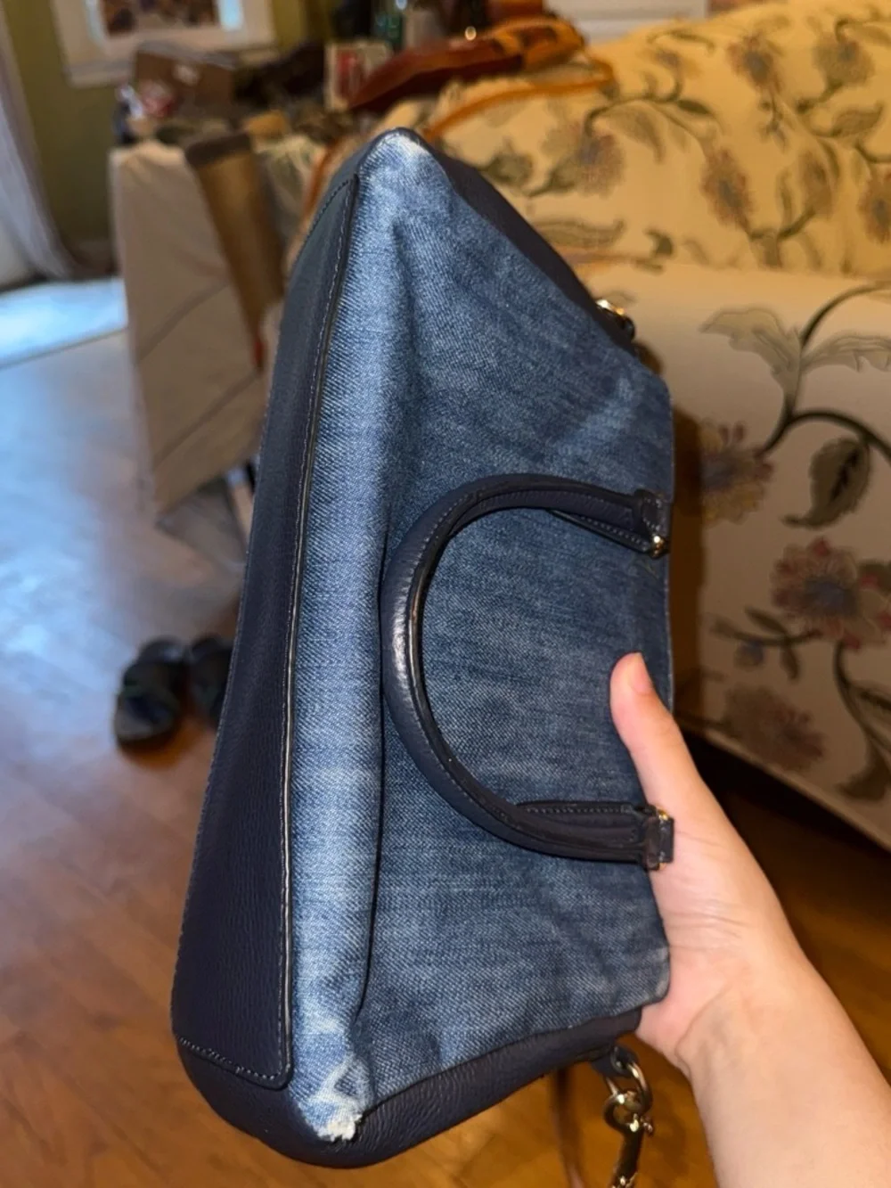 Coach Blue Denim Satchel with Navy Leather Trim and Pink Strap
